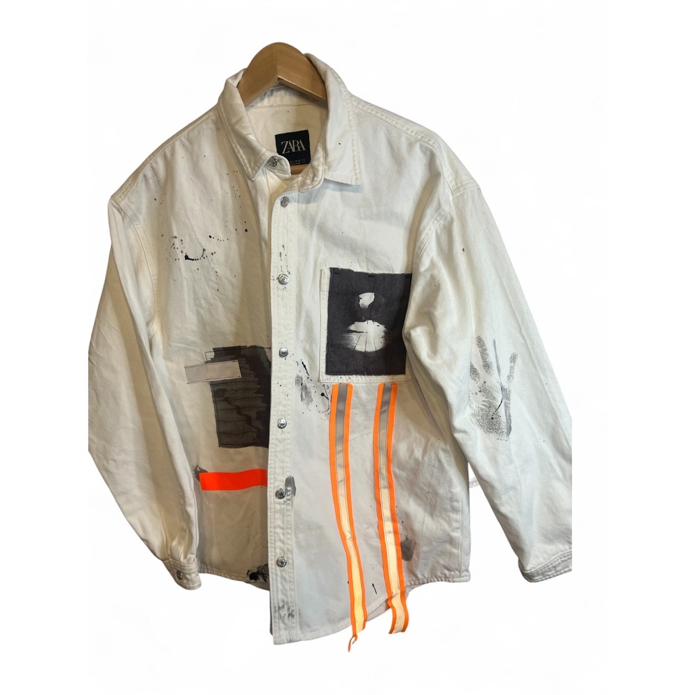 Zara Denim Mens Large White Paint Splatter Graphic Patch Neon Tape Shirt Jacket